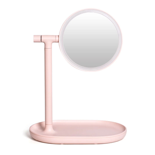 Lighted Makeup Mirror with Cosmetic Organizer Tray, LED Light Makeup Vanity for Desk or Tabletop – Pink