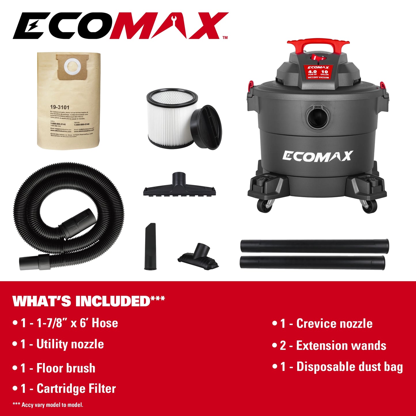 Ecomax 10 Gal 4HP Poly Wet/Dry Vac