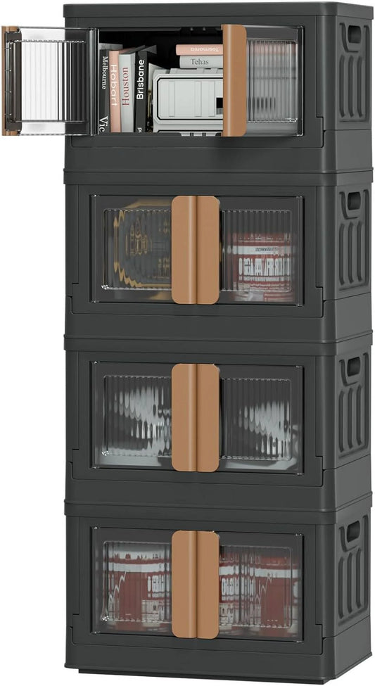 FJU Closet Organizers and Storage 47.5Qt Black Folding Stackable Storage Bins with Lids, Plastic Collapsible Storage Containers, Trunk Car Organizer for Home, Office, Dorm Room Essentials- 4 Pack