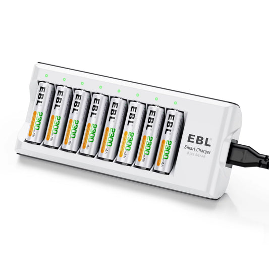 EBL Rechargeable Batteries AA (8 Pack) + 8 Bay Battery Charger for AA AAA Ni-MH Ni-CD Batteries