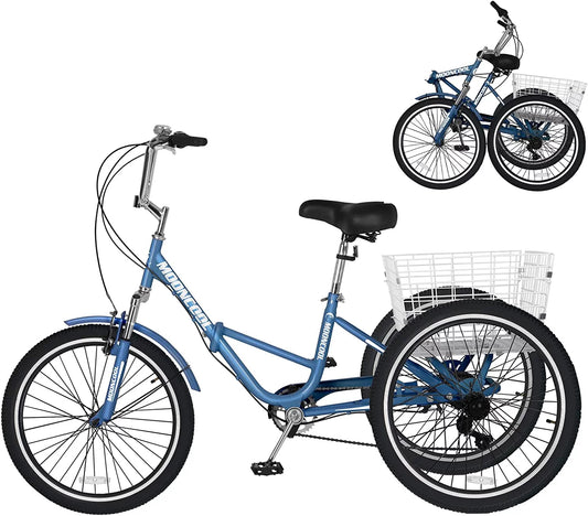 Slsy Adult Folding Tricycle for Adults, 7 Speed 20/24/26 inch 3 Wheels Bikes with Basket, Foldable Tricycle for Adults, Women, Men, Seniors