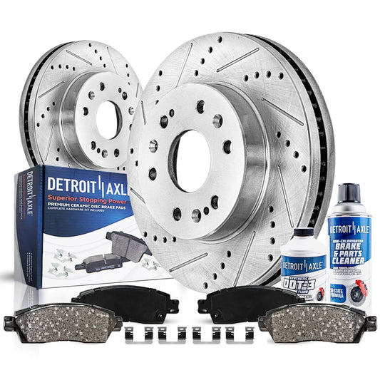 Detroit Axle - Front Brake Kit for Chevy GMC Silverado Sierra Express Suburban Savana Yukon XL 1500 Avalanche Tahoe Drilled & Slotted Brake Rotors Replacement Ceramic Brakes Pads