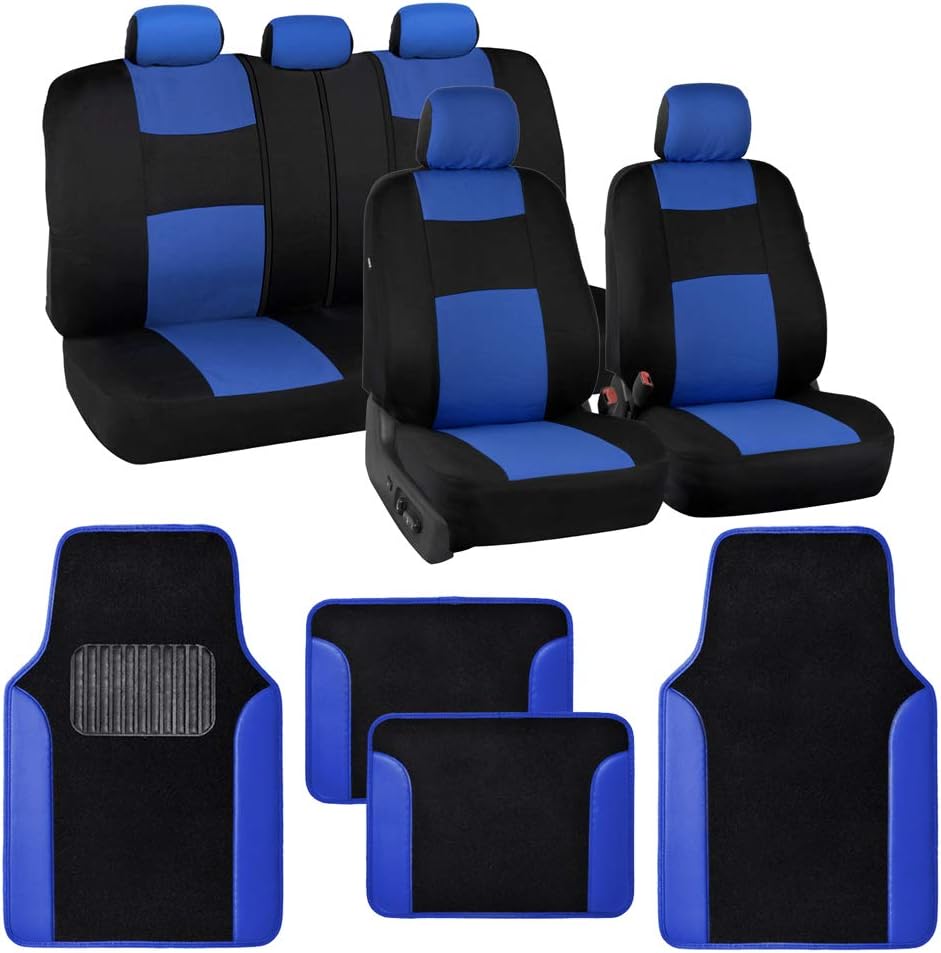 BDK PolyPro Black Car Seat Covers Full Set with Matching Carpet Floor Mats - Automotive Seat Covers for Cars Trucks SUV - Includes Split Bench Rear Seat Cover - Interior Car Accessories