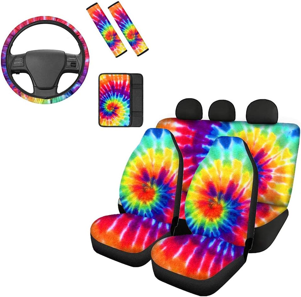 Belidome Blue Galaxy Starry Sky Pattern Car Seat Covers for Front Back Full Set Seatbelt Pads Steering Wheel Protector Armrest Cover, 8 Pieces