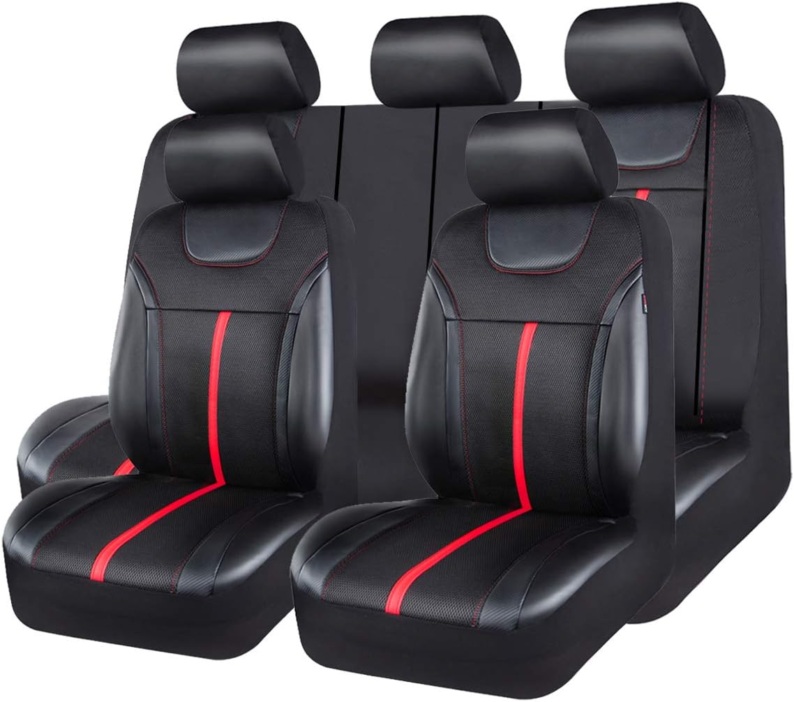 CAR PASS Sporty Carbon Leather Universal Car Seat Cover with Zipper Design, Fit for Suvs, Vans, Sedans, Trucks, Airbag Compatible (Carbon Leather Full Set, Black-Red)