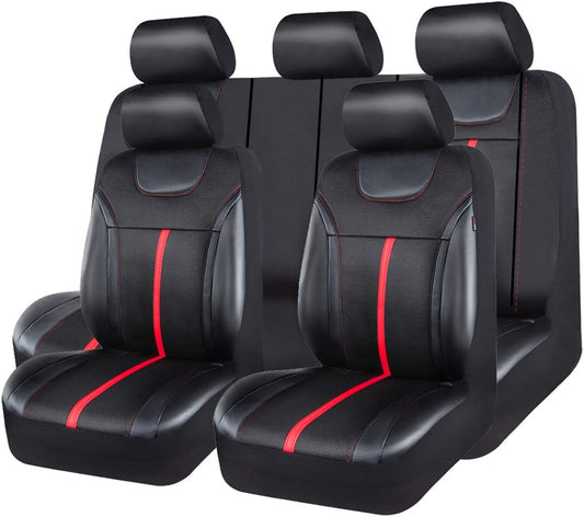 CAR PASS Sporty Carbon Leather Universal Car Seat Cover with Zipper Design, Fit for Suvs, Vans, Sedans, Trucks, Airbag Compatible (Carbon Leather Full Set, Black-Red)
