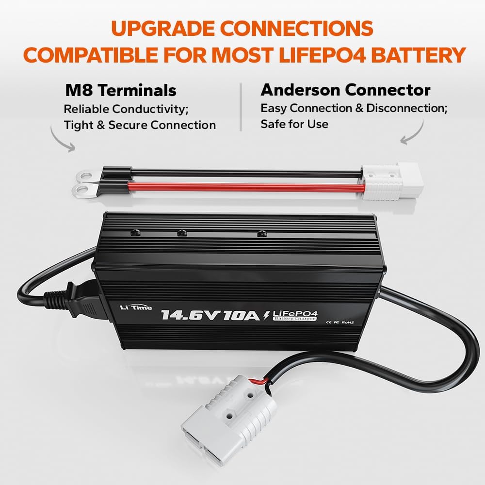 LiTime 12V 10A Battery Charger 14.6V AC-DC LiFePO4 Lithium Battery Charger with Anderson Connector LED Indicator Charger Special for Deep Cycle Rechargeable Batteries of Car, Truck, Boat, RV