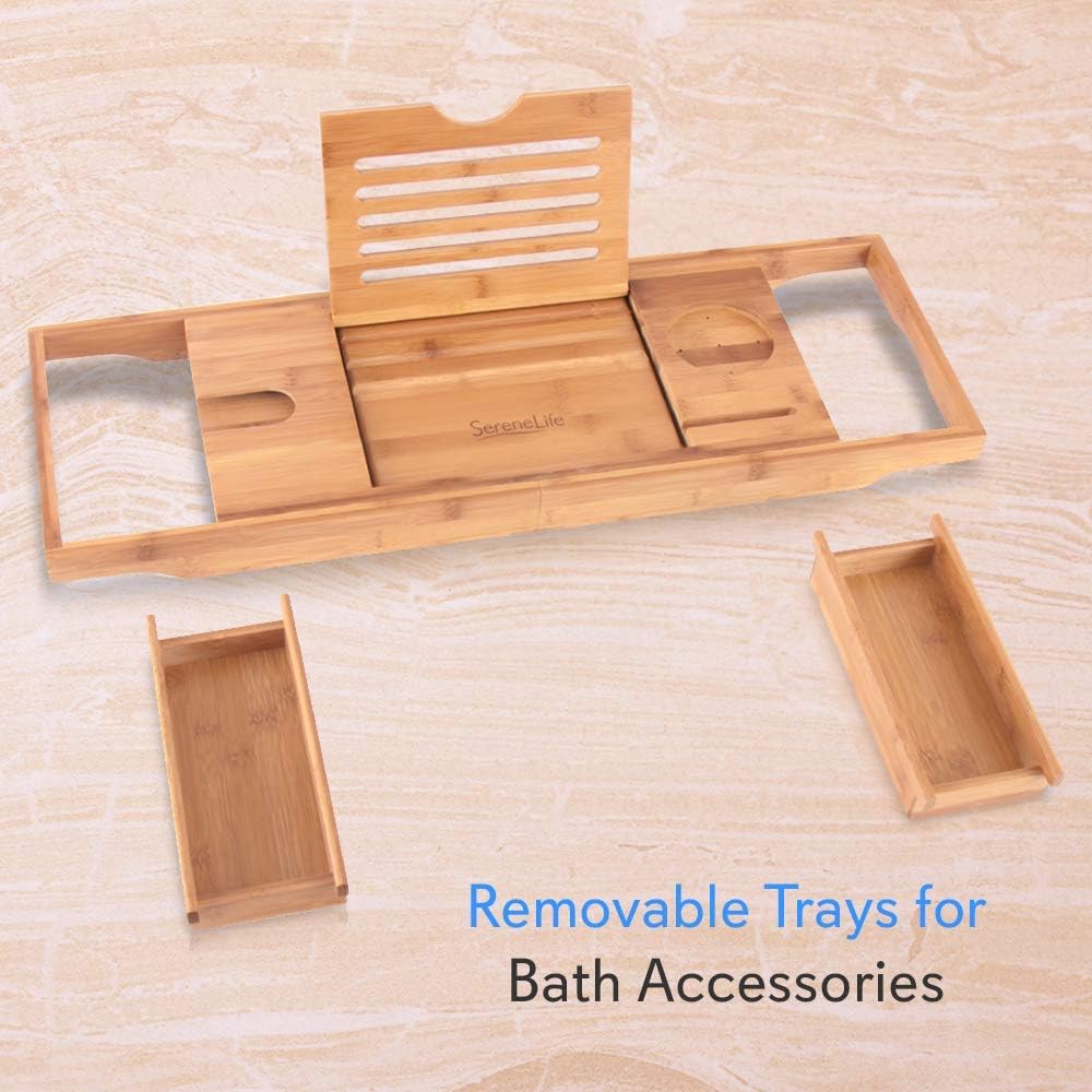 SereneLife Bath Caddy Breakfast Tray Combo - Natural Bamboo Wood Bathtub Caddy and Bed Tray with Folding Slide-Out Arms, Device Grooves, Wine Glass and Soap Holder