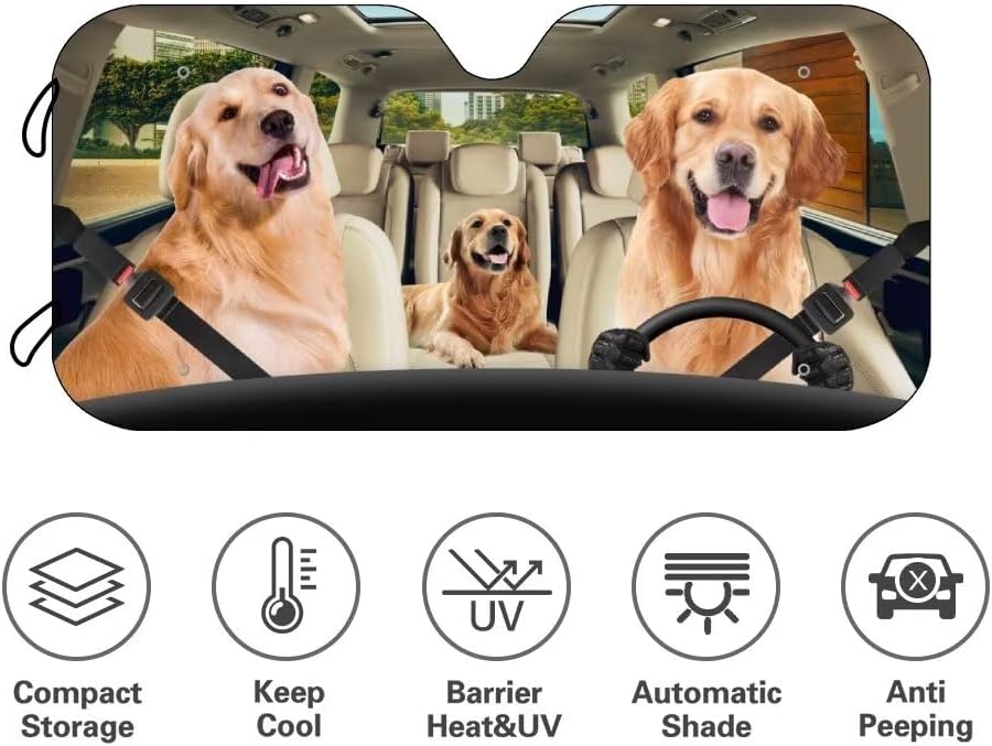 Golden Retriever Auto Sun Shade Car Windshield Window Cover Sunshade,Pet Dog Sunvisors Car Covers for Windows,Funny Dogs Car Front Window Visor for Car Truck Vehicle SUV Van (57IN × 27.5IN)