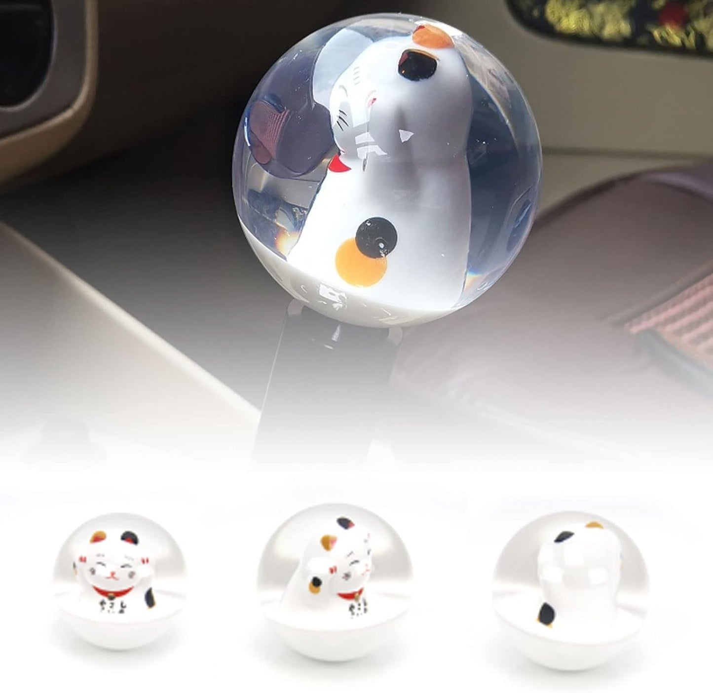 RYANSTAR Universal Acrylic Shift Head Cute Fortune Lucky Cat Round Ball Shift Knob Manual Gear with 3 Thread Adapters M12X1.25 M10X1.5 M10X1.25 M8x1.25 Adapter for Car Repair Refit