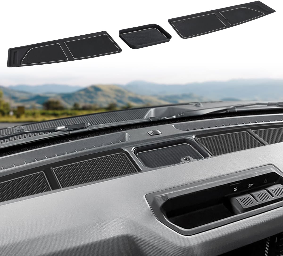 Auovo Dash Cover Tray Compatible with Ford Bronco Accessories 2021 2022 2023 2024 2025 Anti-Slip Silicone Dashboard Compartments Mat fit Bronco 2/4-Door Interior Dash Pad Liners 3-pc Set (Black Trim)