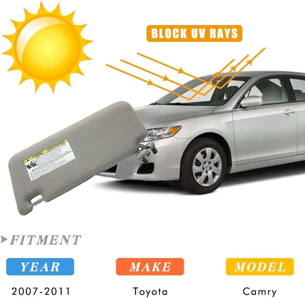 Right Passenger Side Sun Visor Replacement for 2007 2008 2009 2010 2011 Toyota Camry & Camry Hybrid Without Sunroof (Gray)