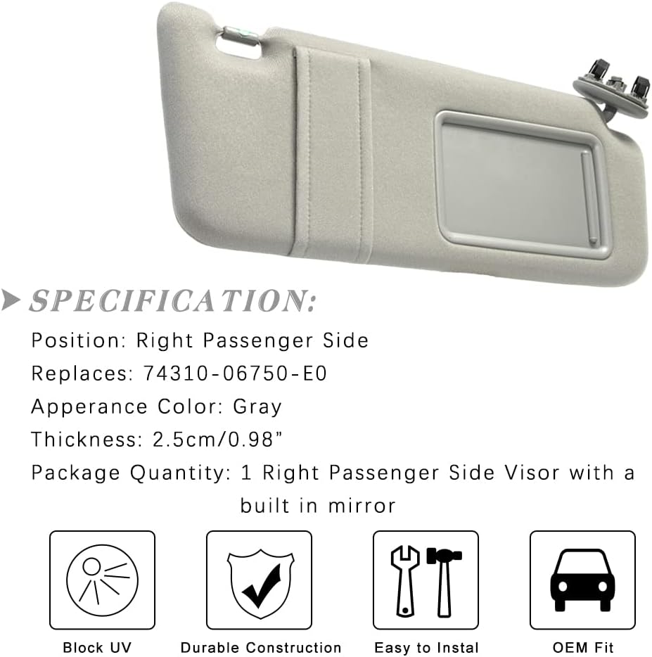 Right Passenger Side Sun Visor Replacement for 2007 2008 2009 2010 2011 Toyota Camry & Camry Hybrid Without Sunroof (Gray)