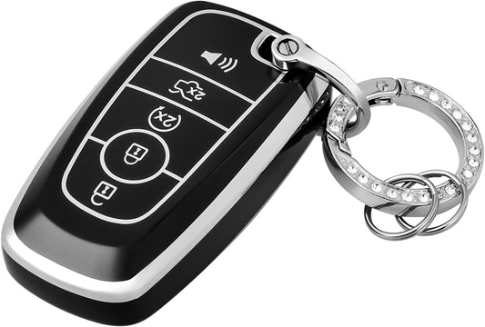 OFFCURVE Key Fob Cover with Keychain for Ford Fusion Explorer Escape F150 F250 F350 F450 F550 Edge Maverick Expedition Lincoln Aviator 5 Buttons Smart Key Holder, Black