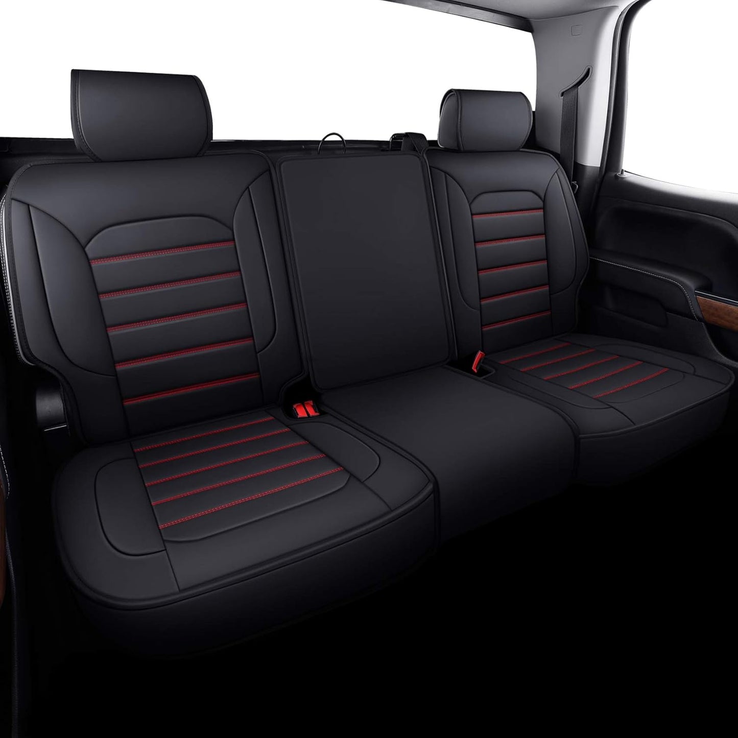 LUCKYMAN CLUB Bench Silverado Seat Covers Fit for 2007-2025Sierra Chevy Silverado 1500 2500 3500 Crew,Double,Extended Cab with Water Proof Faux Leather (Black & Red Rear Covers)