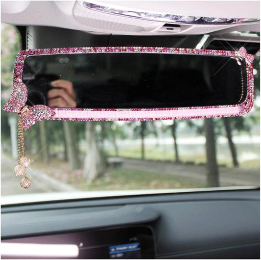 LuckySHD Car Rear View Mirror with Crystal Diamond Butterfly - Pink