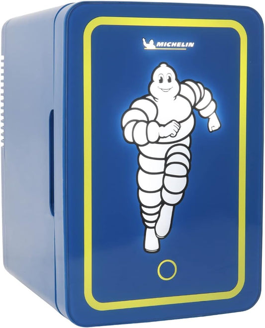 Michelin Portable 6 Can Mini Fridge w/LED Lighted Door, 12V DC and 110V AC Power Cords, 6L (6.3 qt) Capacity Travel Cooler, Desktop Accessory for Garage, Workshop, Truck, Home, Office, Dorm, Blue