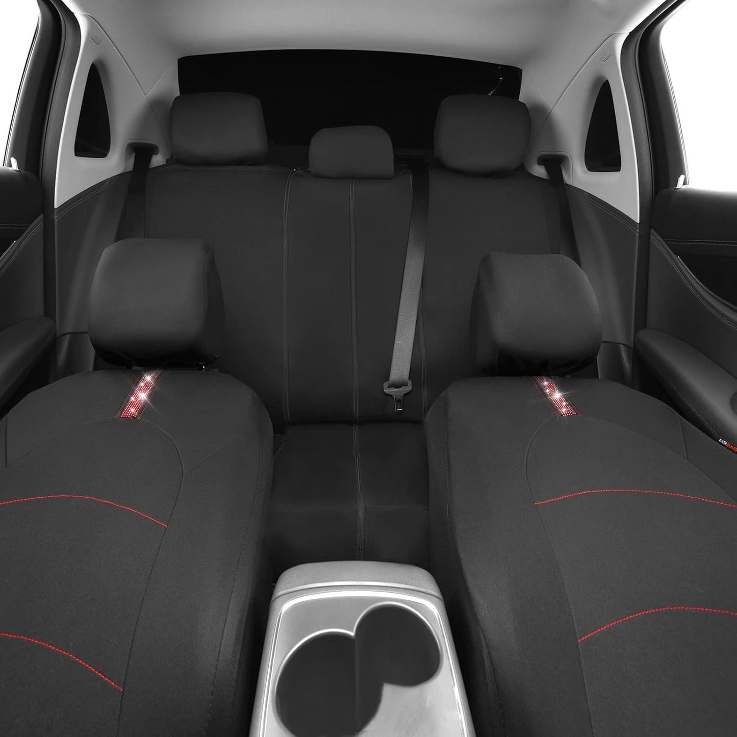 CAR Pass Universal Fit Cloth with Glorious Rhinestones Car Seat Covers Rear Split Bench Airbag Compatible Fit for Car, SUV, Sedan (Red, 9 Pieces)