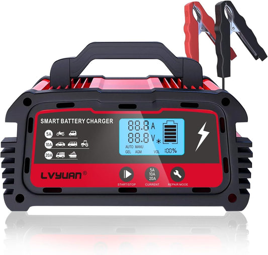 LVYUAN 20A Smart Car Battery Charger, 12V (5/10/20A) and 24V(5/10A) Automotive, Battery Maintainer with LCD Display, Trickle Charger, for Motorcycle, AGM, Lawn Mower and Lead-Acid Batteries
