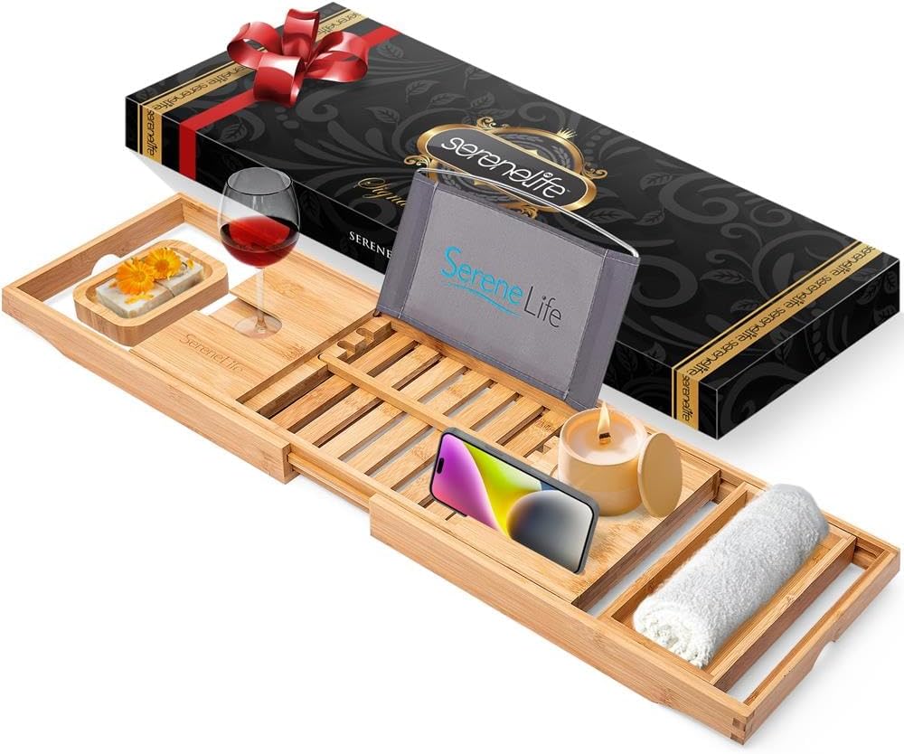 SereneLife Bath Caddy Breakfast Tray Combo - Natural Bamboo Wood Bathtub Caddy and Bed Tray with Folding Slide-Out Arms, Device Grooves, Wine Glass and Soap Holder