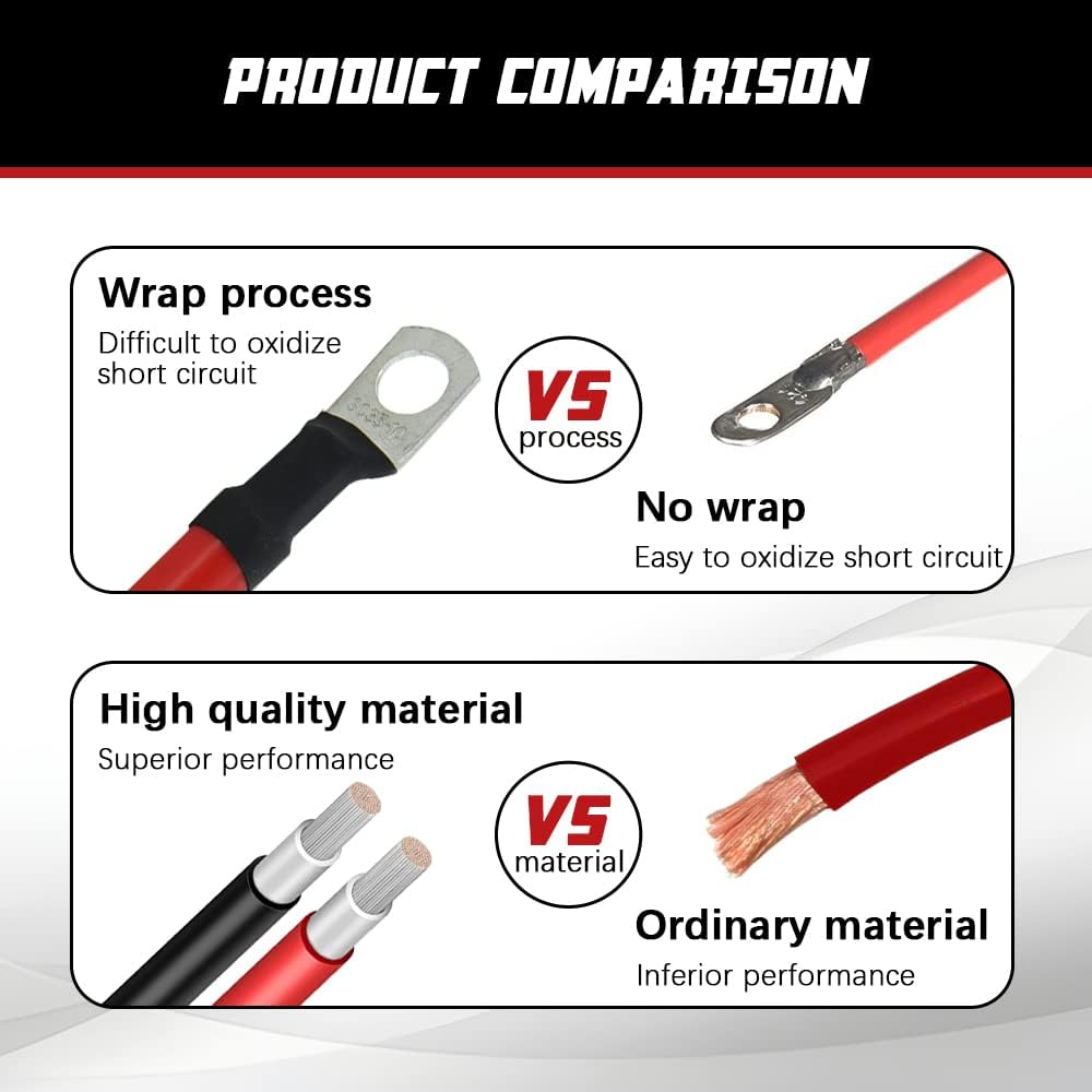 3FT 2 AWG Battery Cables 2 Gauge Pure Copper Battery Inverter Cables with 5/16 in Lugs Both Ends battery parallel cables Wire Set for Automotive Solar Power Inverter Marine Boat RV Car Motorcycle