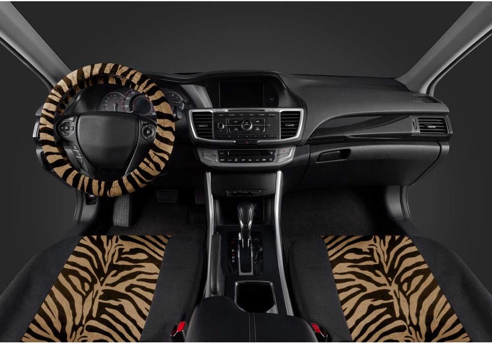 BDK carXS Zebra Print Car Seat Covers Full Set Includes Matching Seat Belt Pads and Steering Wheel Cover Two-Tone Animal Print Beige Seat Covers for Cars for Women, Car Seat Protector Interior Covers