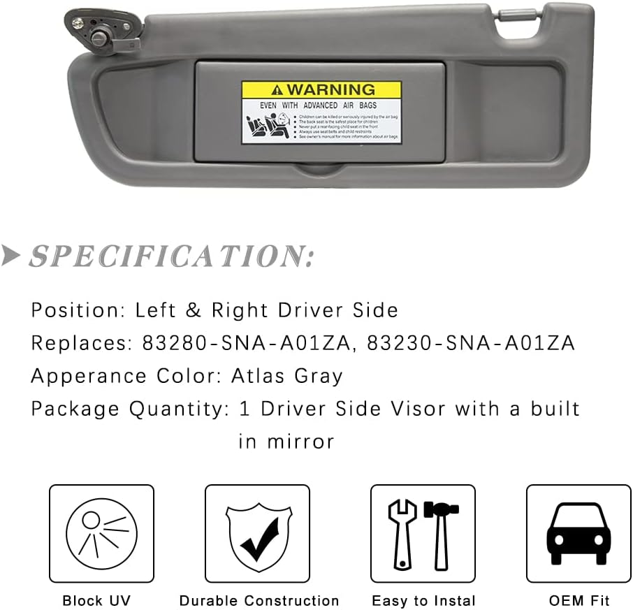Left Driver Side & Right Passenger Side Sun Visor Replacement for 2006 2007 2008 2009 2010 2011 Honda Civic EX LX Sedan SI Coupe 83280-SNA-A01ZA 83230-SNA-A01ZA Sun Visor Assembly (Atlas Gray)