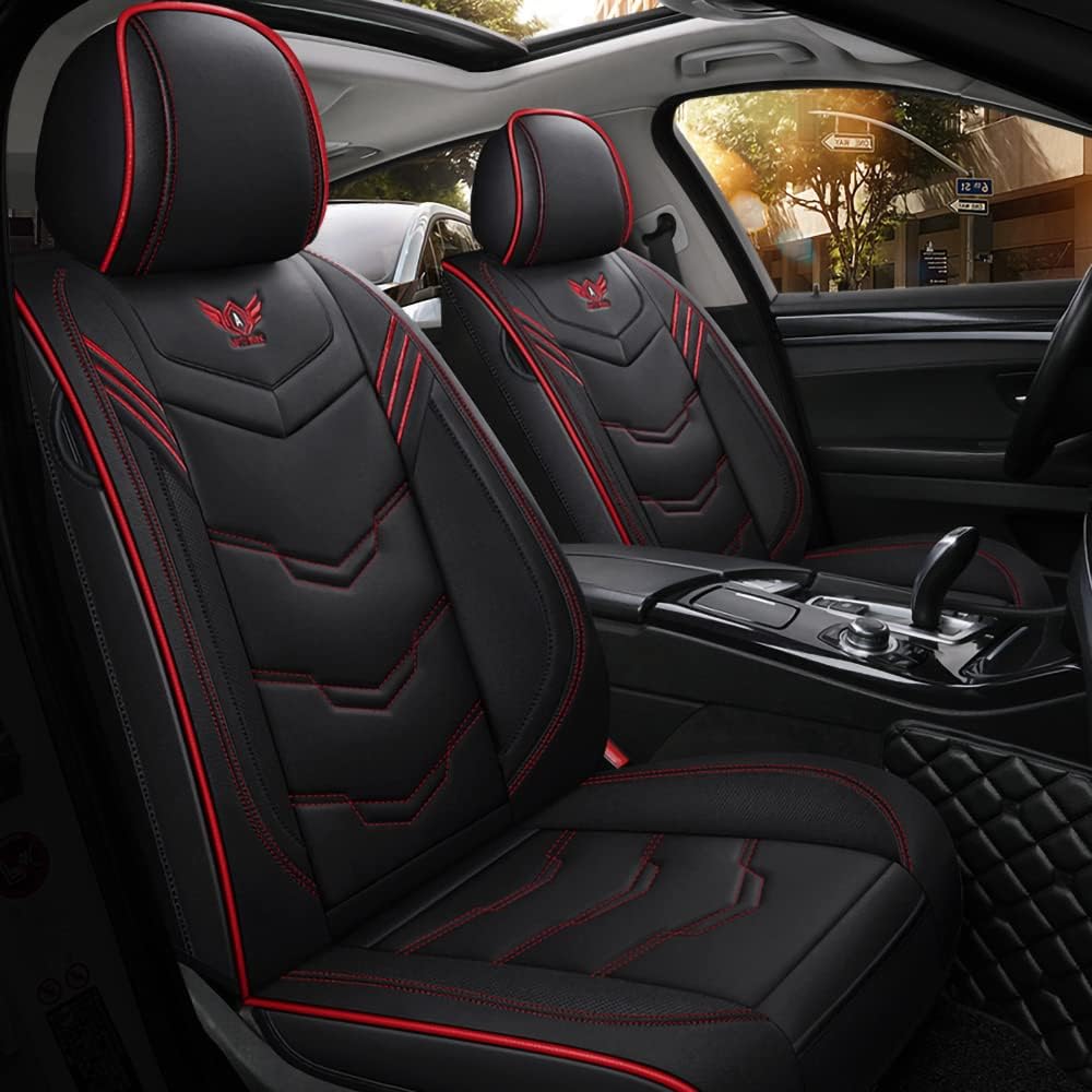 AIMENGMY 5 Car Seat Covers Full Set with Waterproof PU Leather Universal Automotive Vehicle Auto Interior Accessories Non-Slip Cushion fit for Most Cars, Red