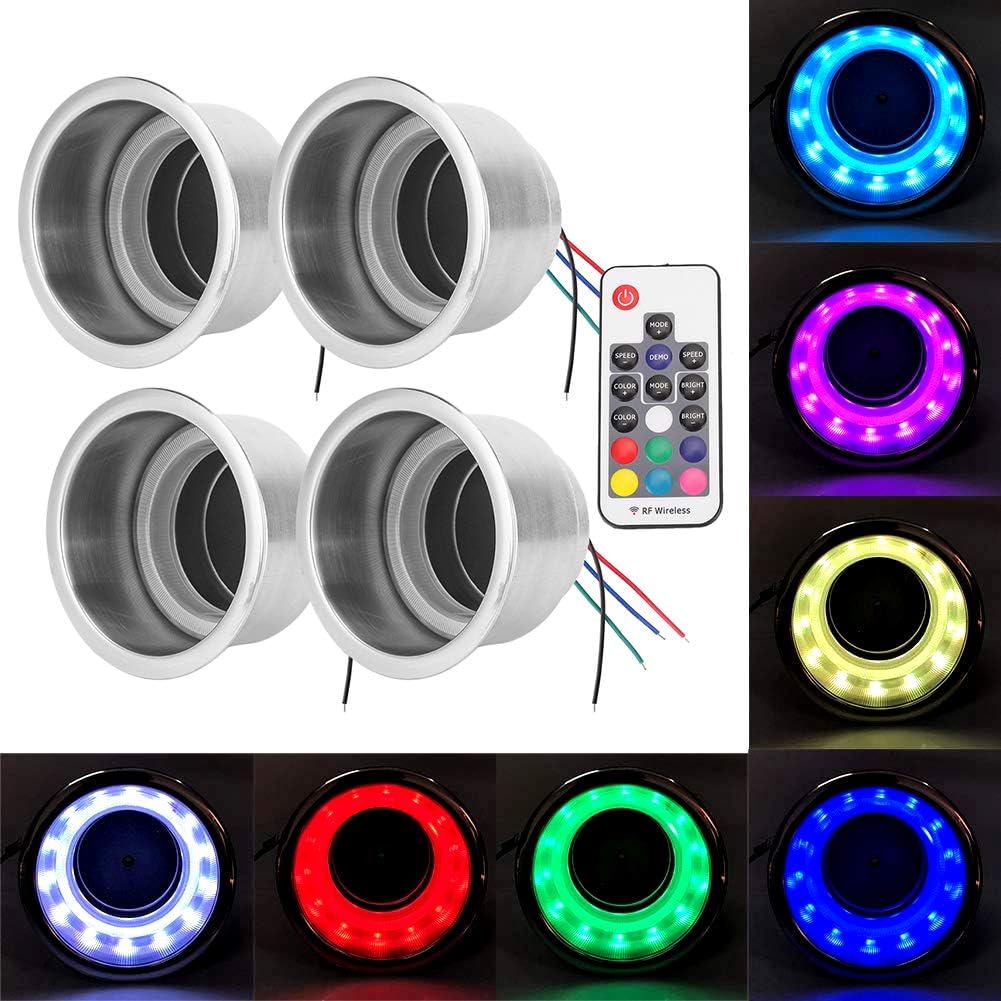 Acouto Cup Holders 4Pcs DC 12V Stainless Steel RGB LED Car Beverage Bottle Cup Drink Holders with Remote Control for Marine Boat RV Truck