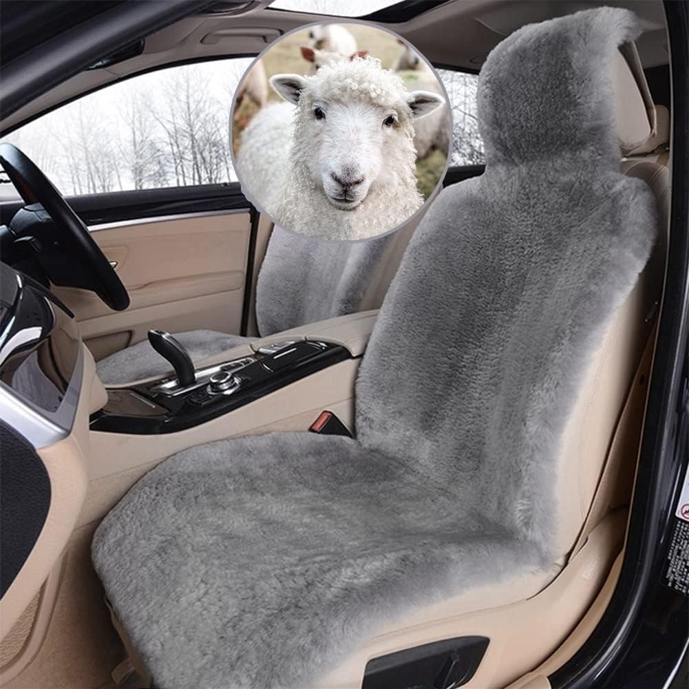Altlue Real Genuine Sheepskin Seat Covers for Cars SUV Trucks Van RV Front Seats Sheepskin Car Seat Covers Sheepskin Auto Seat Covers Fuzzy Fleece Fur Car Seat Covers Universal Black (1 Piece)