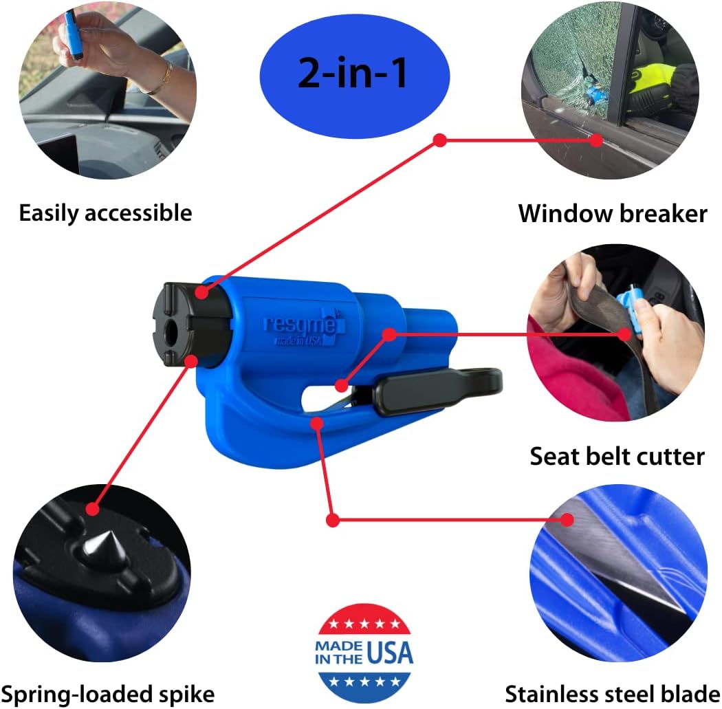 resqme The Original Emergency Keychain Car Escape Tool, 2-in-1 Seatbelt Cutter and Window Breaker, Made in USA, Family Pack of 3, Black, Blue, Yellow - Compact Emergency Hammer