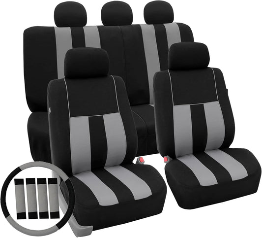 FH Group Car Seat Covers Striking Striped Full Set Gray Automotive Seat Covers, Airbag and Split Rear Car Seat Cover Universal Fit Interior Accessories for Cars Trucks and SUV Car Accessories
