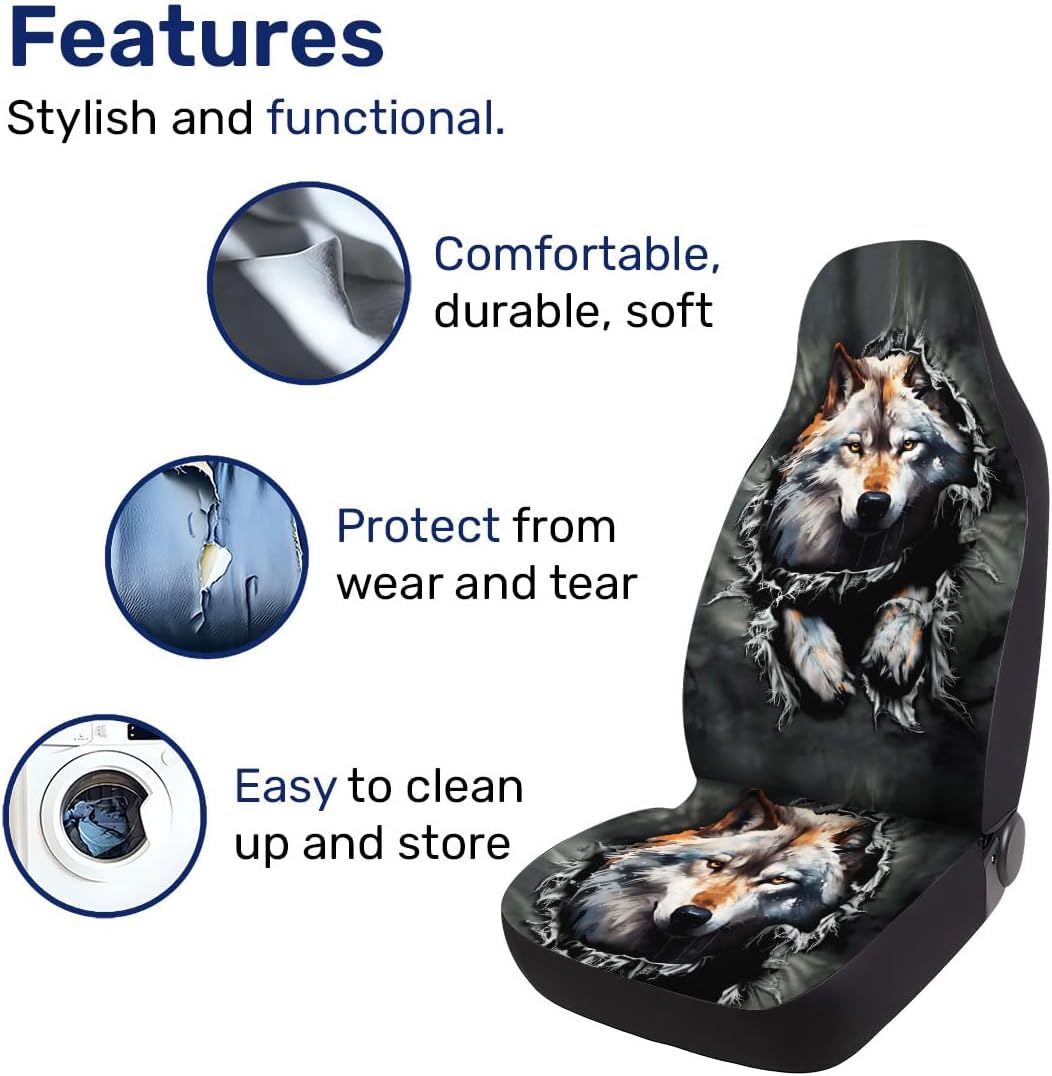 GENANY Cool Gray Wolf Howling Pattern 2 Front Car Seat Covers for Car Truck Sedan SUV, Durable Automotive Seat Covers, Breathable Bucket Seat Covers, Protective Interior Accessory