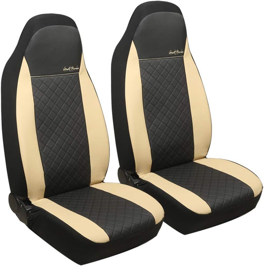 GIANT PANDA High Back Car Seat Covers Leather Universal Fit Most Car, Pickup, SUV, and Minivan, PU and Fabric Stitching Seat Covers, Airbag Compatible (Black + Beige)