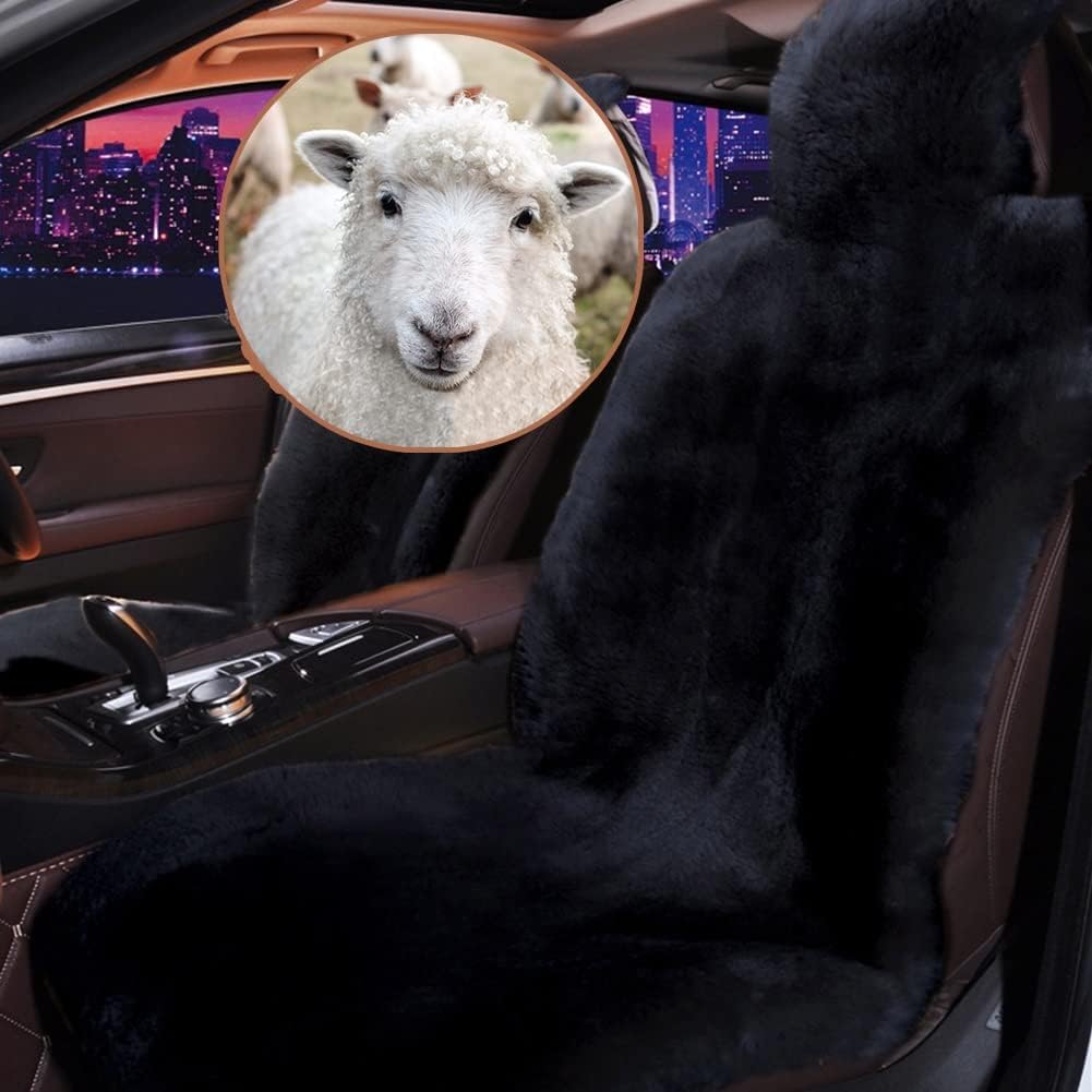 Altlue Real Sheepskin Seat Covers for Cars, SUV, Trucks, Van, RV - Front Seats Auto Covers, Fuzzy Fleece Fur, Universal Black (1 Piece)