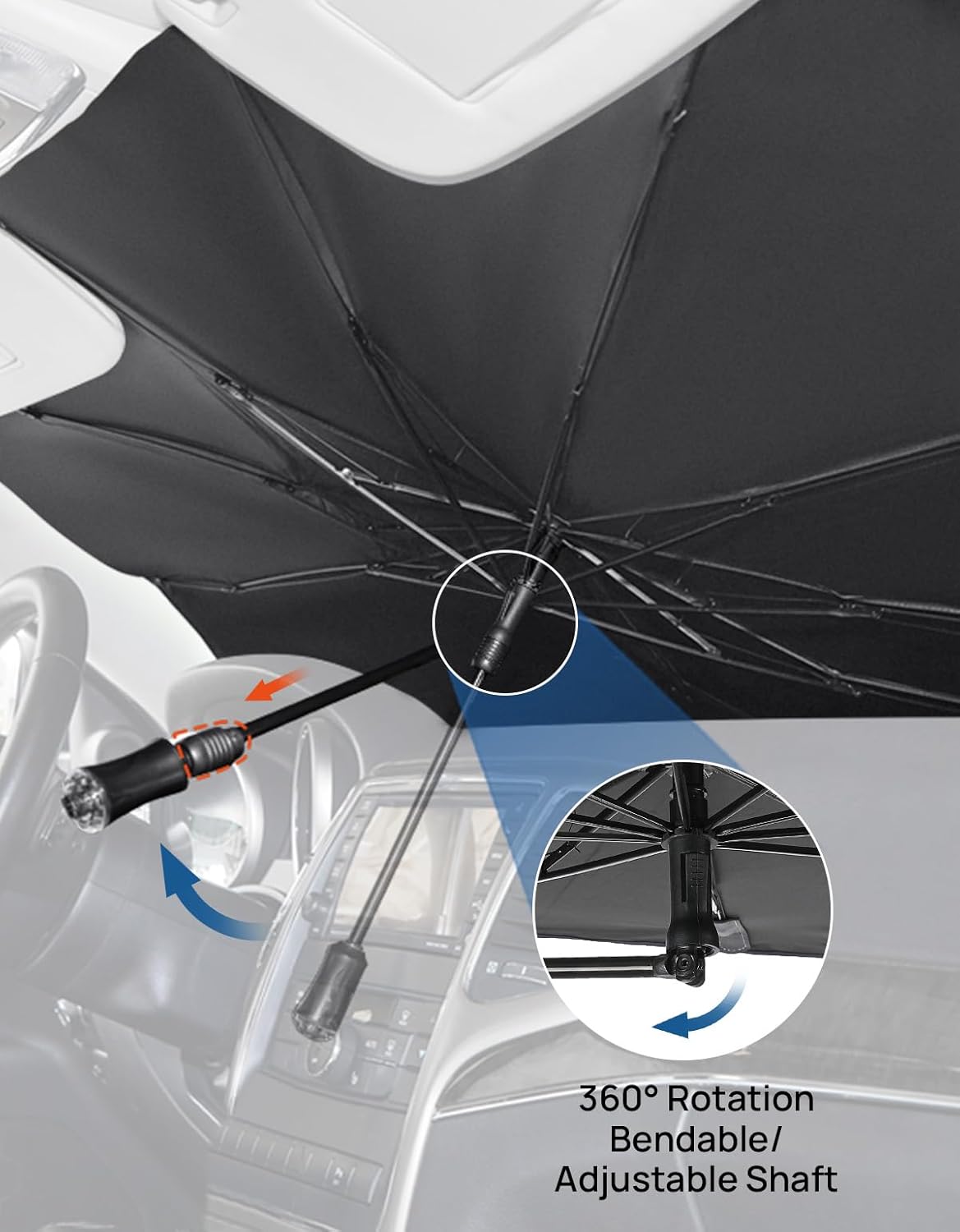 JOYTUTUS Windshield Sun Shade Umbrella Fit for F150, for Full-Size Pickup Truck, Front Window Sun Shade with 360° Rotation Bendable Shaft, Titanium Silver Coating for UV Block, with Car Safety Hammer