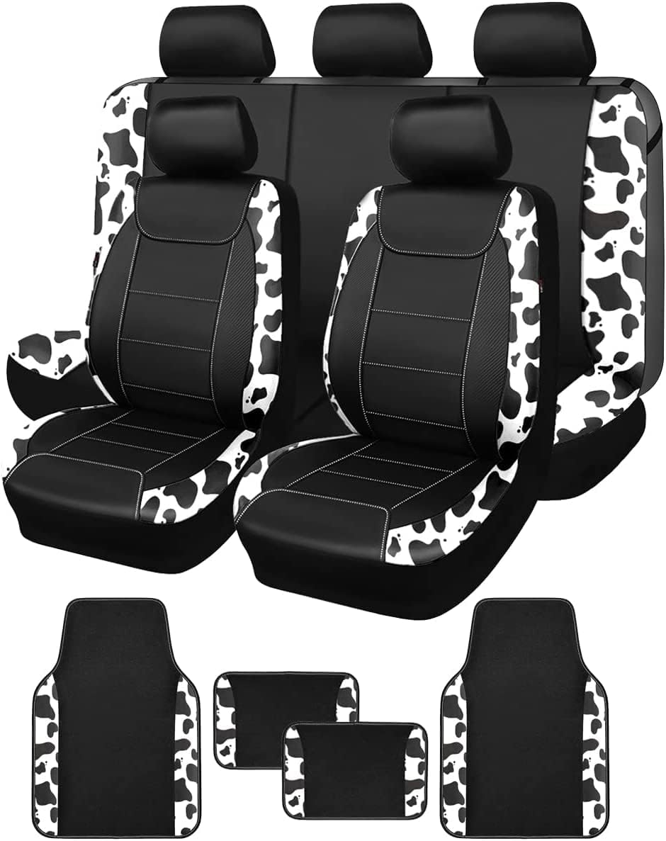 Flying Banner car seat Covers Protects Water Proof Faux Leather Carbon Fiber Front and Rear Bench (Black Black, Full Set - 9PCS)