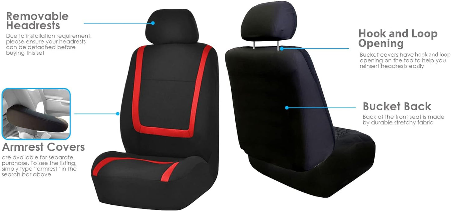 FH-FB032114 Unique Flat Cloth Seat Cover w. 4 Detachable Headrests and Solid Bench Red/Black