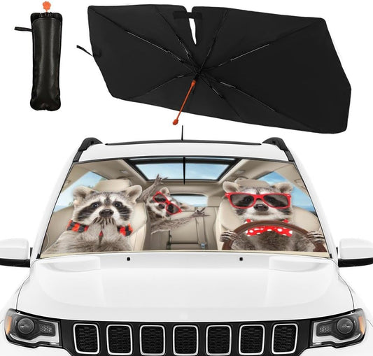 CHILL·TEK Funny Animals Car Windshield Umbrella, Raccoons Sun Shade Umbrellas for Car Front Window, Block UV Rays Foldable Windshield Umbrella Sun Visor Protector-Keep Vehicles Cool for Most Vehicles
