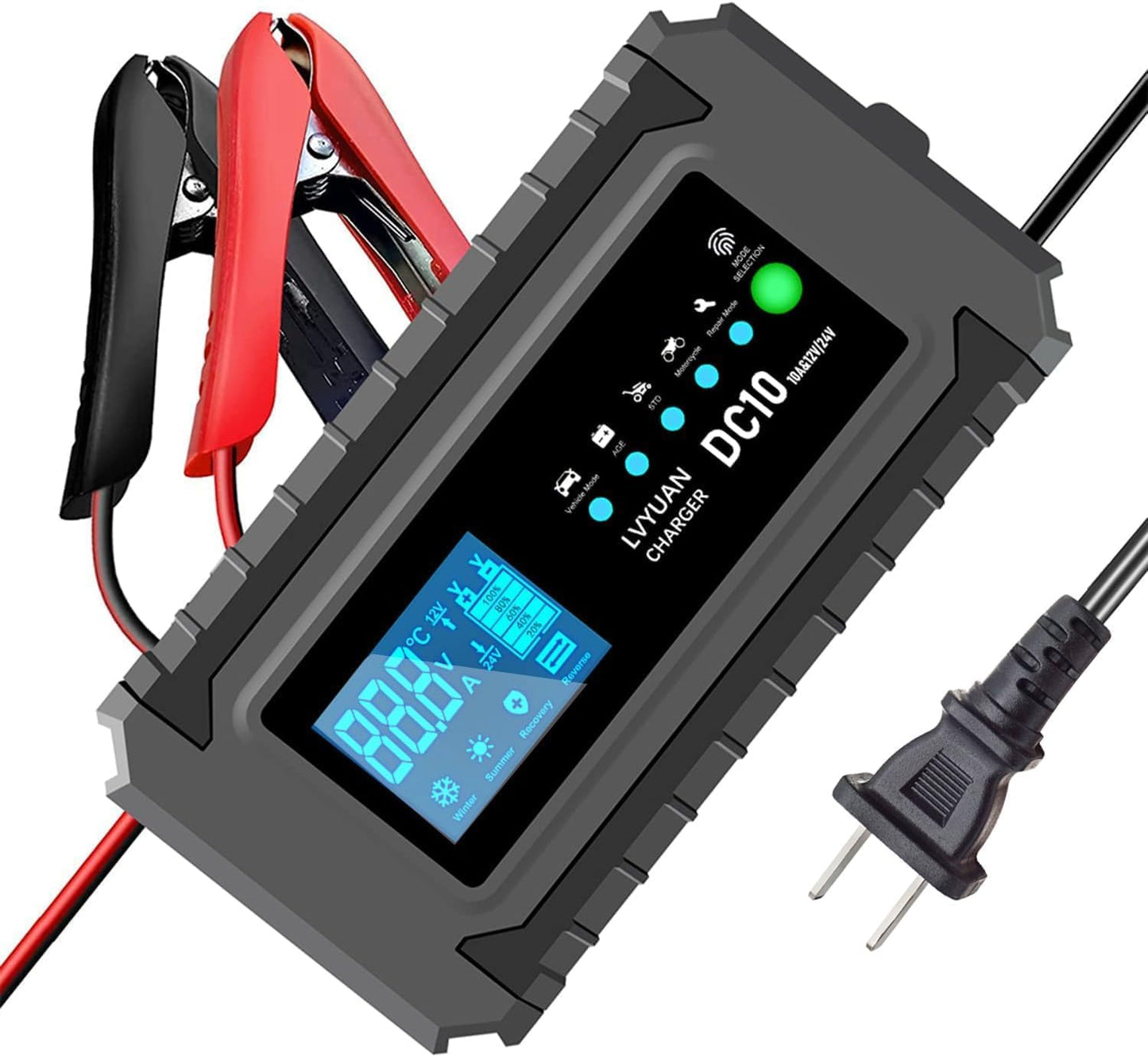 LVYUAN 20A Smart Car Battery Charger, 12V (5/10/20A) and 24V(5/10A) Automotive, Battery Maintainer with LCD Display, Trickle Charger, for Motorcycle, AGM, Lawn Mower and Lead-Acid Batteries