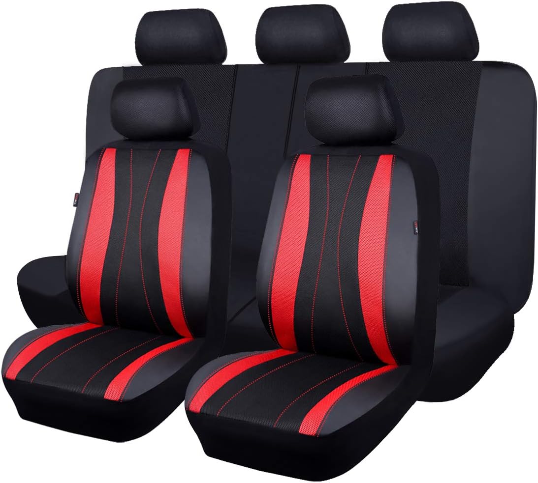Flying Banner car seat Covers Full Set Faux Leather Air Mesh Breathable Man Lady Airbag Compatible Rear Bench Split 40/60 50/50 60/40 Truck Pick Up (Full Set - Low Back, Black Black)