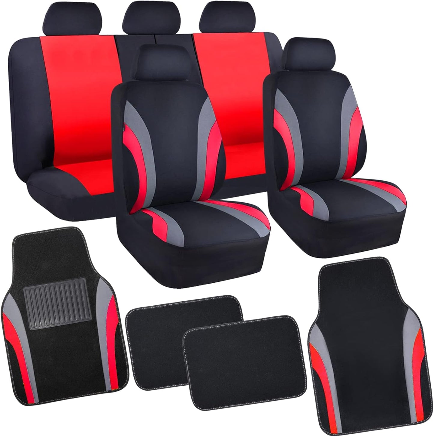 CAR PASS Line Rider Sporty Car Seat Covers Full Set with 4Pcs Waterproof Car Floor Mats Universal Fit Airbag Compatible Automotive Interior Covers for Trucks,Vans,SUV (Combo Set, Black & Purple)