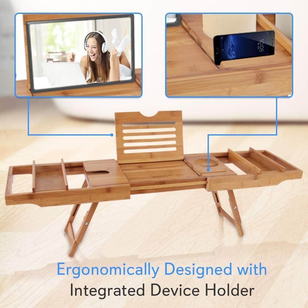 SereneLife Bath Caddy Breakfast Tray Combo - Natural Bamboo Wood Bathtub Caddy and Bed Tray with Folding Slide-Out Arms, Device Grooves, Wine Glass and Soap Holder
