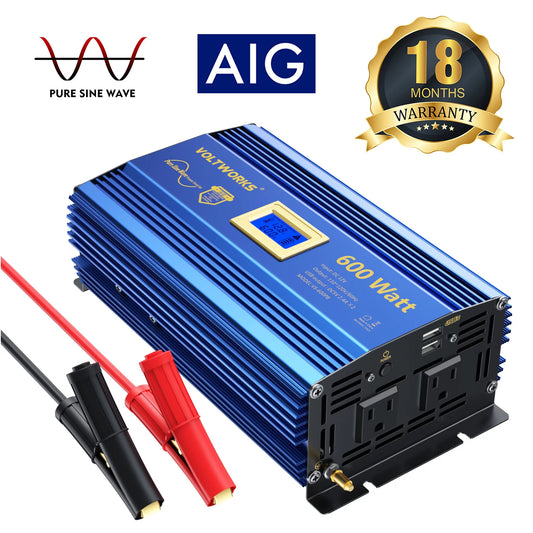 VOLTWORKS Power Inverter 600 Watts Pure Sine Wave Inverter DC 12V to AC 110V 120V with Dual 2.4A USB & LCD