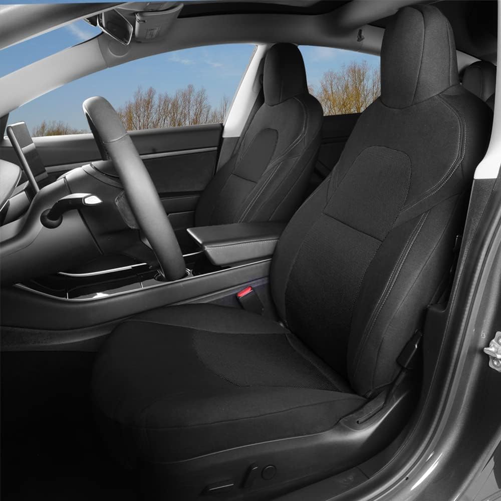 TOYOUN Car Front Seat Covers Custom Fit for Tesla Model 3/Model Y Car Seat Protector 2PCS, Fully Wrapped Farbic Mesh Seat Cover Set for Tesla Model 3/Y2017-2023, Solid Black