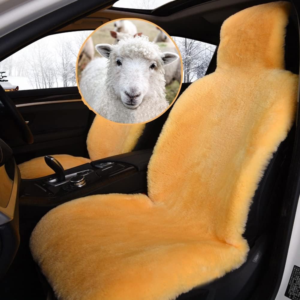 Altlue Real Genuine Sheepskin Seat Covers for Cars SUV Trucks Van RV Front Seats Sheepskin Car Seat Covers Sheepskin Auto Seat Covers Fuzzy Fleece Fur Car Seat Covers Universal Black (1 Piece)
