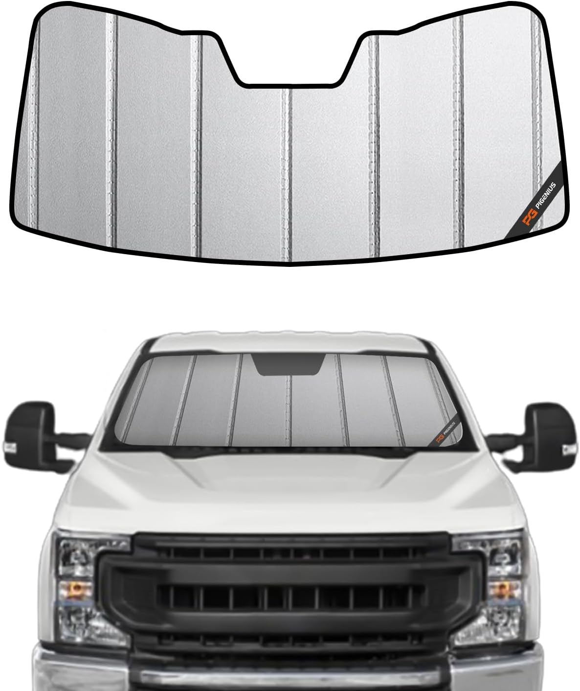 Pigenius Front Windshield Sun Shade for 2017-2022 Ford F-250/F-350 Super Duty F250 F350, Ultimate Folding Sunshade - Metallic Silver