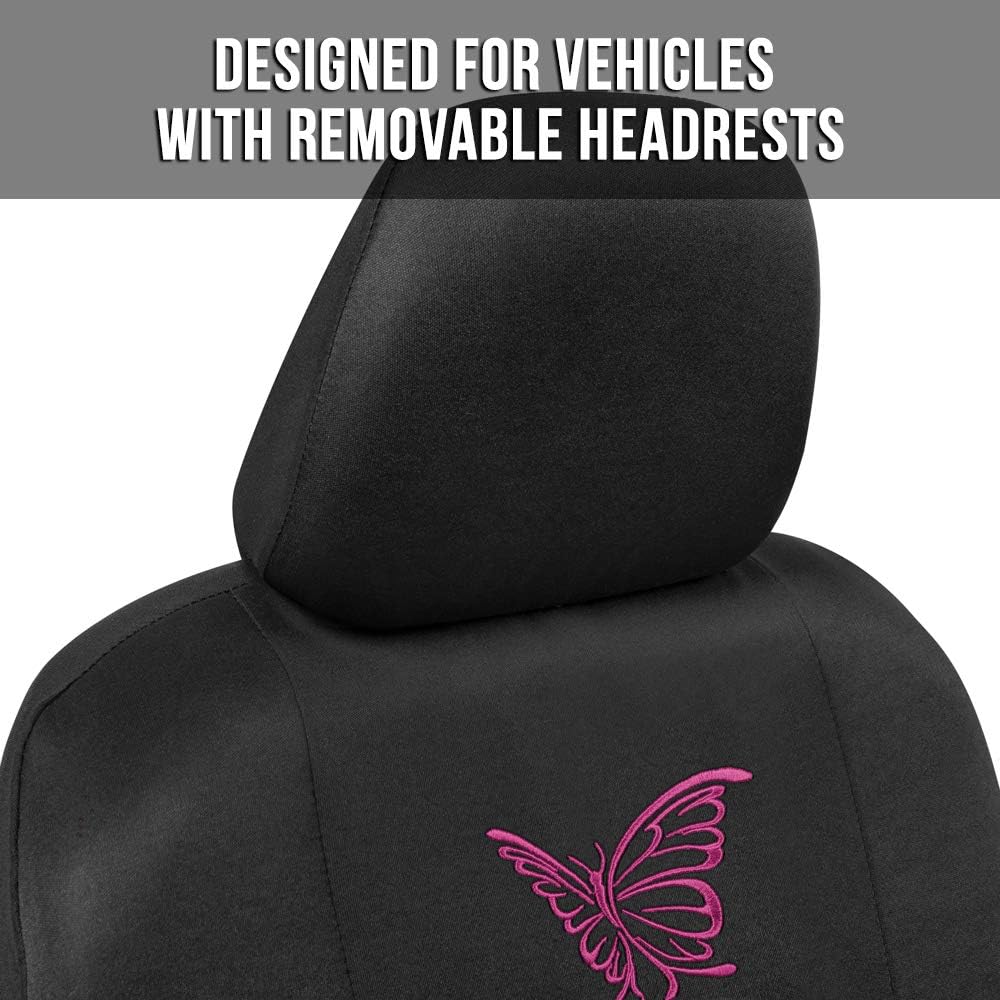 BDK Pink Butterflies Car Seat Covers Full Set with Steering Wheel Cover and Seat Belt Pads – Front and Rear Covers with Matching Embroidered Accessories, Universal Fit for Cars Trucks Vans SUVs