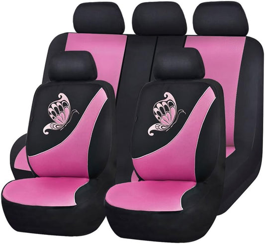 Flying Banner Car Seat Covers Full Set 11 PCS | Rear Bench with 3 Zippers | Butterfly Embroidery Stitched Mesh Black with Pink Color