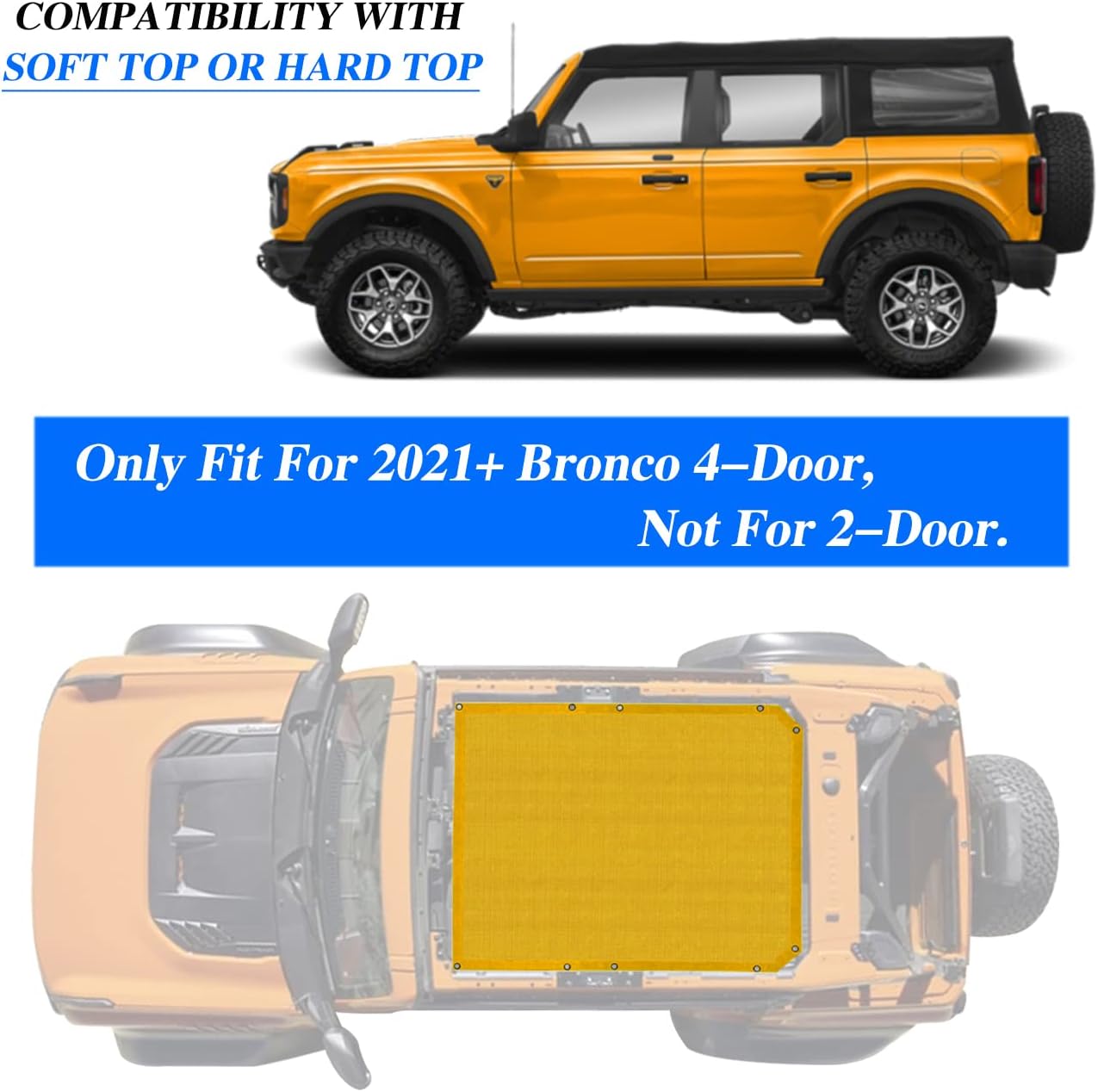ROMASO Sunshade fit for Bronco 2021 2022 4-Door,Sun Shade Mesh Top for Ford Bronco,Heavy Duty Mesh Sunsahde Top(Yellow)